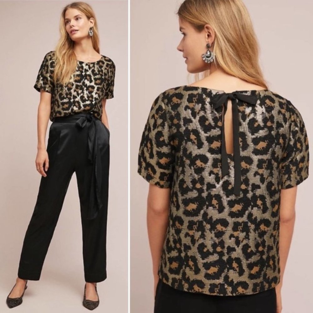 Anthropologie Metallic Leopard Short-Sleeve Sequin Top in Gold, Black, Tan